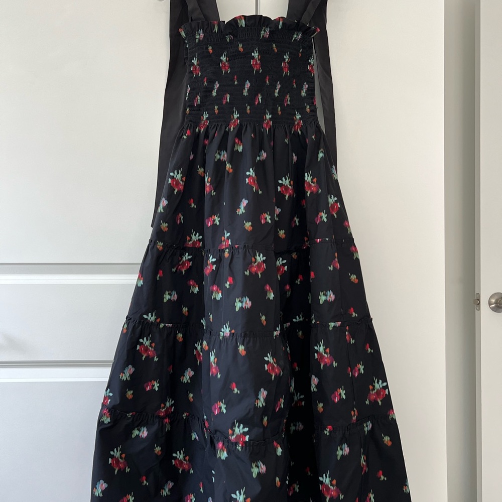 Hill House Black Floral Tiered Maxi Dress with Red & Green Print